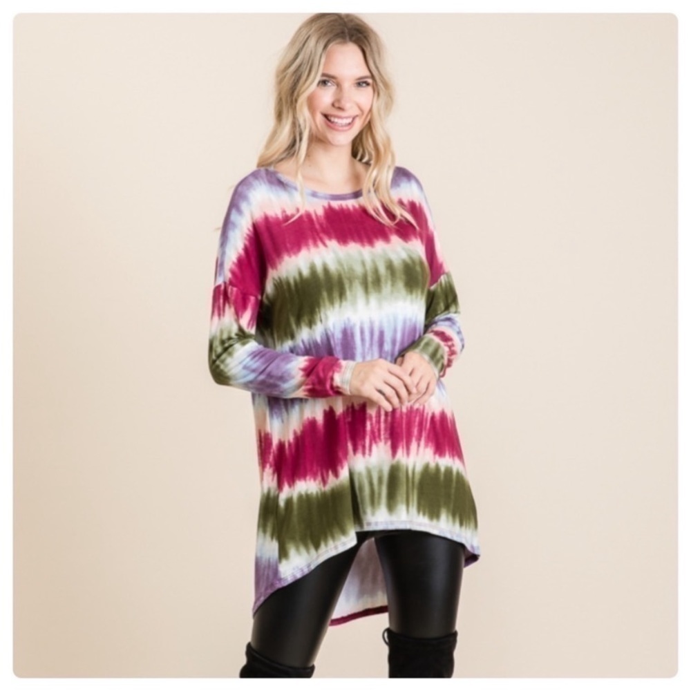 Woman’s high low tie-dye, multicolor, long sleeve top